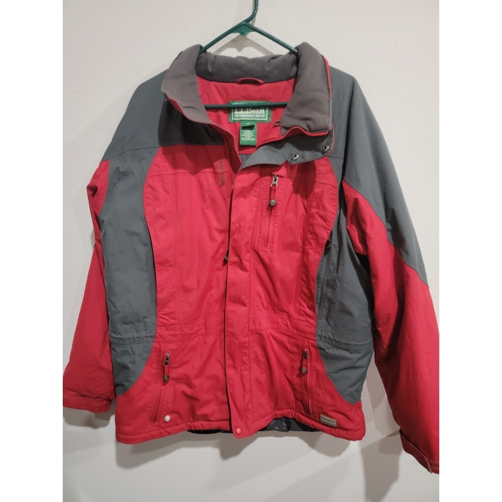 LL Bean Coat Jacket Mens L Red Gray Primaloft Full Zip Ski Snow Zip Pockets Warm